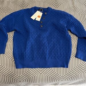 Classic Cable V-Neck Sweater with Button Placket - Deep Blue